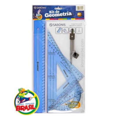 Set de geometría marca Sabonis de 30cm que incluye compás, regla, escuadras y transportador en plástico resistente y transparente, de Librería Brasil.