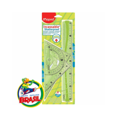 Juego de geometría Maped Incassable de color verde translúcido, material flexible y ultra resistente que no se rompe, incluye regla de 30cm y escuadras, de Librería Brasil.