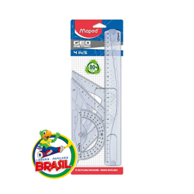 Set de geometría marca Maped línea Geo Metric, 4 piezas de plástico rígido transparente fabricadas con 80% de material reciclado, incluye regla de 30cm, de Librería Brasil.