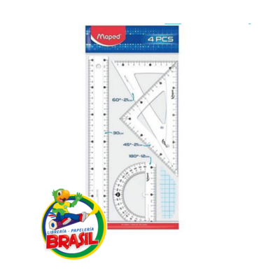 Juego de geometría marca Maped con regla de 30cm, escuadras y transportador de plástico rígido transparente, de Librería Brasil.