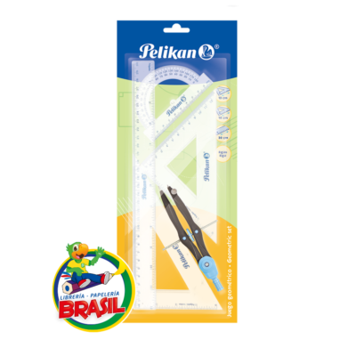 Set de geometría marca Pelikan de 30cm, incluye regla, escuadras, transportador y compás técnico de color azul y negro, de Librería Brasil.
