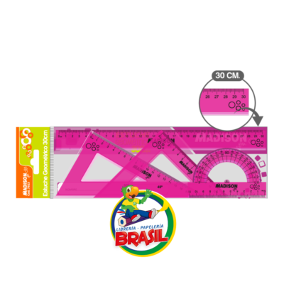 Set de geometría de 4 piezas marca Madison, color azul transparente, incluye regla de 30cm, escuadras y transportador, de Librería Brasil.
