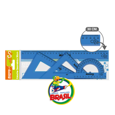 Set de geometría de 4 piezas marca Madison, color azul transparente, incluye regla de 30cm, escuadras y transportador, de Librería Brasil.