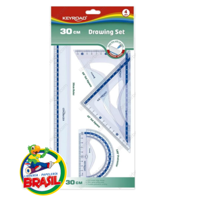 Set de dibujo técnico marca Keyroad de 30cm, 4 piezas de plástico transparente con borde biselado y graduación precisa, de Librería Brasil