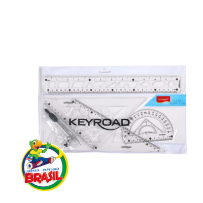 Estuche geométrico Keyroad de 30cm que incluye compás metálico, regla, escuadras y transportador en material ultra transparente, de Librería Brasil.
