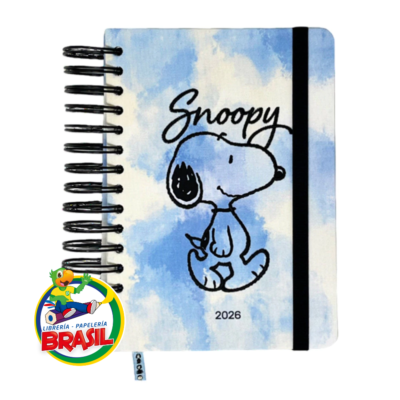 Agenda Snoopy 2026 Tapa bordada, con espiral doble, con elástico Negro, tamaño 20 x 14 cm Marca Mooving