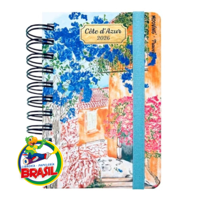 Agenda 2026 Travel con espiral doble con elástico, mide 10 x 15 cm Marca Mooving