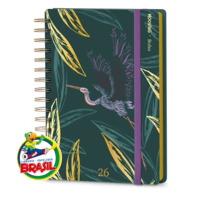 Agenda 2026 boho con tapa dura con elástico lila, mide 15 x 21 cm Marca Mooving