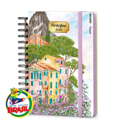 Agenda Travel 2026 portofino con tapa dura con elástico, mide 15 x 21 cm Marca Mooving