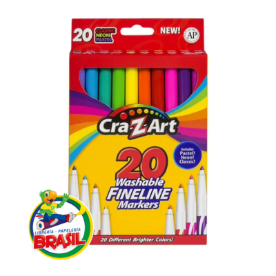 Estuche de 20 marcadores lavables de punta fina Cra-Z-Art en una amplia gama de colores, ideales para detalles y escritura, de Librería Brasil.
