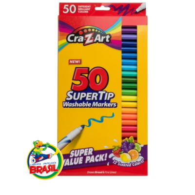 Caja desplegable con 50 marcadores SuperTip Cra-Z-Art en una gama completa de colores, con puntas de doble función y tinta lavable, de Librería Brasil.