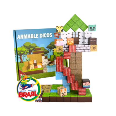 Set de 100 bloques magnéticos de construcción Armable Dicos con diseño de bosque, árboles y personajes estilo pixel art.