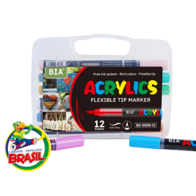 Set de 12 marcadores acrílicos marca BIA con punta pincel flexible de 0.3-1.9mm y colores vibrantes.