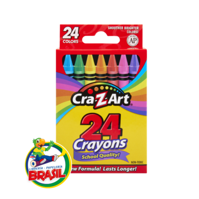 Caja de 24 crayones de colores vibrantes Cra-Z-Art, envueltos en papel reforzado y no tóxicos, ideales para útiles escolares de Librería Brasil.