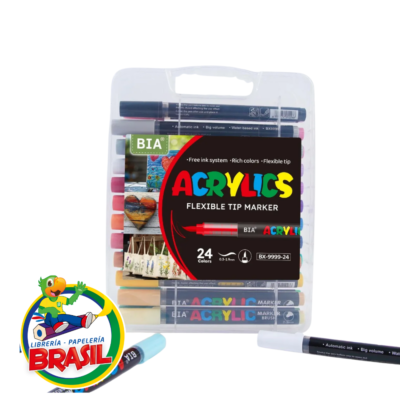Estuche transparente con 24 marcadores acrílicos marca BIA de punta pincel flexible y sistema de tinta automática.