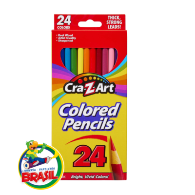 Caja de 24 lápices de colores Cra-Z-Art pre-afilados, gama completa de colores en madera real, ideal para arte escolar en Librería Brasil.