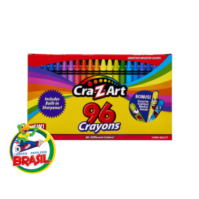 Mega caja de 96 crayones brillantes Cra-Z-Art con un marcador de punta fina de regalo y tajador integrado, ideal para coleccionistas de color en Librería Brasil.