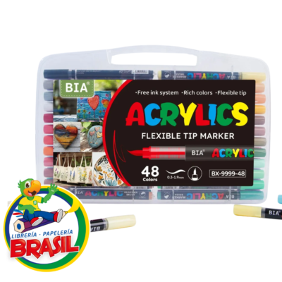 Gran maletín transparente con 48 marcadores acrílicos marca BIA de punta pincel flexible y alta pigmentación.