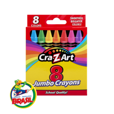 Caja de 8 crayones de tamaño Jumbo Cra-Z-Art, extra gruesos y resistentes, diseñados para niños de preescolar, disponibles en Librería Brasil.