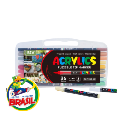 Maletín transparente con set de 36 marcadores acrílicos marca BIA, punta pincel de 0.3-1.9mm y sistema de tinta automática.
