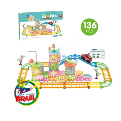 Pista de Juguete para Coche con Rieles, puentes y decoración, set de construcción de 136 piezas para armar un circuito.