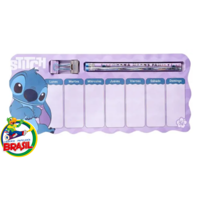 Planificador semanal de Stitch color lila con divisiones de lunes a domingo, incluye dos lápices de grafito y un clip metálico de Librería Brasil.