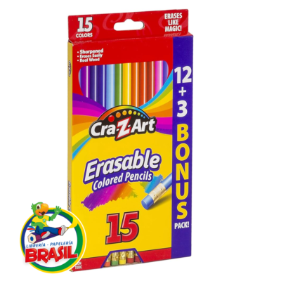 Caja de 15 lápices de colores borrables Cra-Z-Art con borradores integrados, incluye 3 colores extra de regalo, de Librería Brasil.