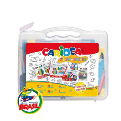 Maleta transparente con el Kit de Arte Carioca para Dibujo de 84 piezas: lápices, acuarelas y marcadores.