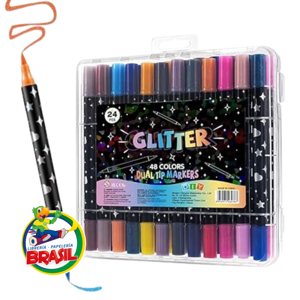 Maletín transparente con 24 marcadores glitter de doble punta, total 48 colores con acabado brillante de Librería Brasil.