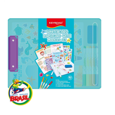 Kit de pizarra Keyroad en estuche celeste con marcadores, borrador y tarjetas de actividades educativas de Librería Brasil.