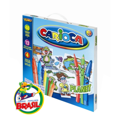 Maleta de cartón Carioca Planet con Kit de Dibujo y Coloreado de 48 marcadores y 12 lápices de colores.