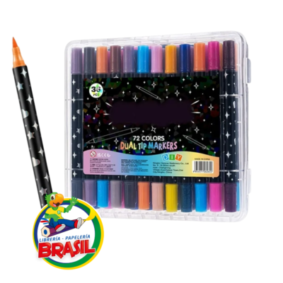 Maletín de 36 marcadores glitter con doble punta, ofreciendo 72 colores con purpurina para arte y diseño de Librería Brasil.