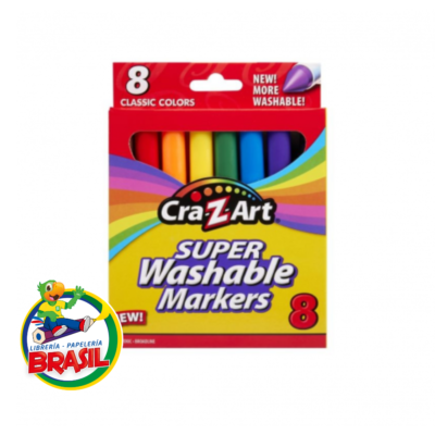 Caja de 8 plumones lavables Cra-Z-Art en colores clásicos, con punta resistente y tinta que se limpia fácilmente de la piel y ropa, de Librería Brasil