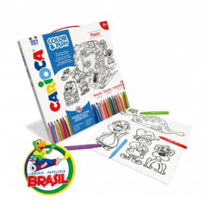 Kit de Colorear Carioca Planet Color & Play de 48 piezas con láminas y rotuladores, ideal para niños de 3 años o más.