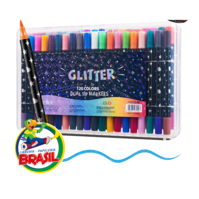 Gran maletín con 60 marcadores glitter de doble punta, total 120 colores con purpurina para arte profesional de Librería Brasil.