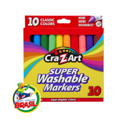 Caja de 10 plumones lavables Cra-Z-Art con punta de alta resistencia y colores vivos, fáciles de lavar de la piel y ropa, de Librería Brasil.