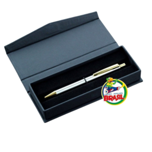 Bolígrafo Retráctil, acero inoxidable, plateado con Clip Dorado, tinta azul, Marca Inoxcrom